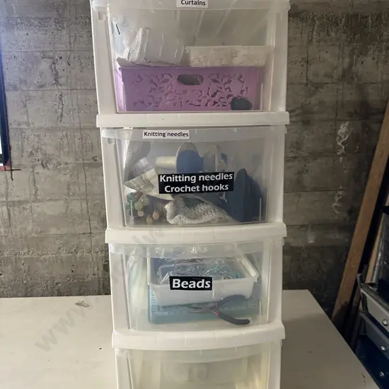 Selection of Sewing & Knitting Craft Sundries In 4 Drawer White Storage Unit