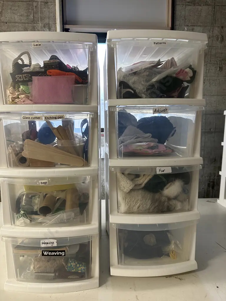 Selection of Lace, Patterns, Weaving Sundries Etc In 2 x 4 Drawer White Storage Units Image 1++