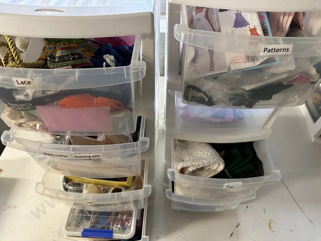 Selection of Lace, Patterns, Weaving Sundries Etc In 2 x 4 Drawer White Storage Units Image 1++