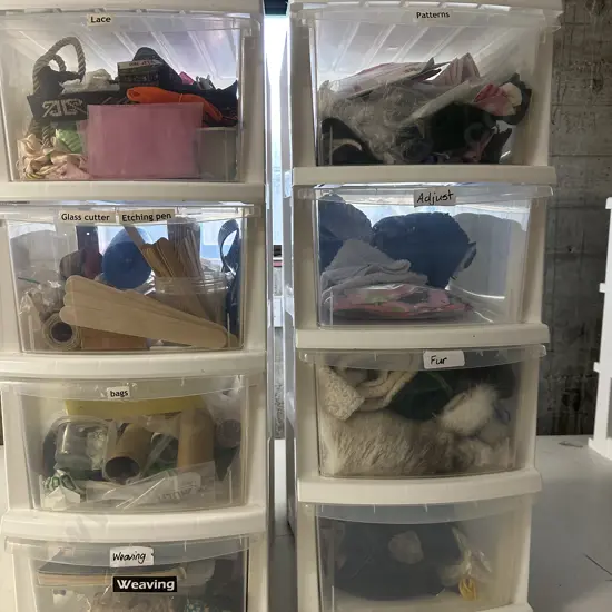 Selection of Lace, Patterns, Weaving Sundries Etc In 2 x 4 Drawer White Storage Units