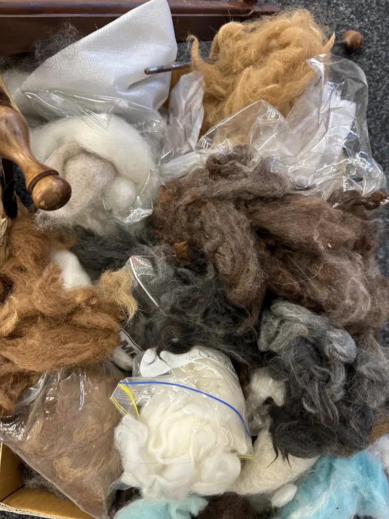 Spinning Fleece & Basket of Spinning Accessories Image 1++