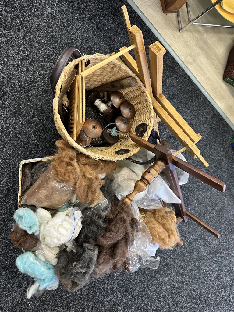 Spinning Fleece & Basket of Spinning Accessories Image 1++