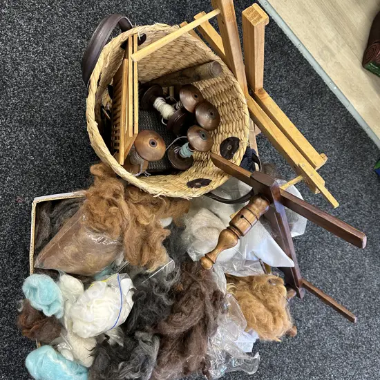 Spinning Fleece & Basket of Spinning Accessories