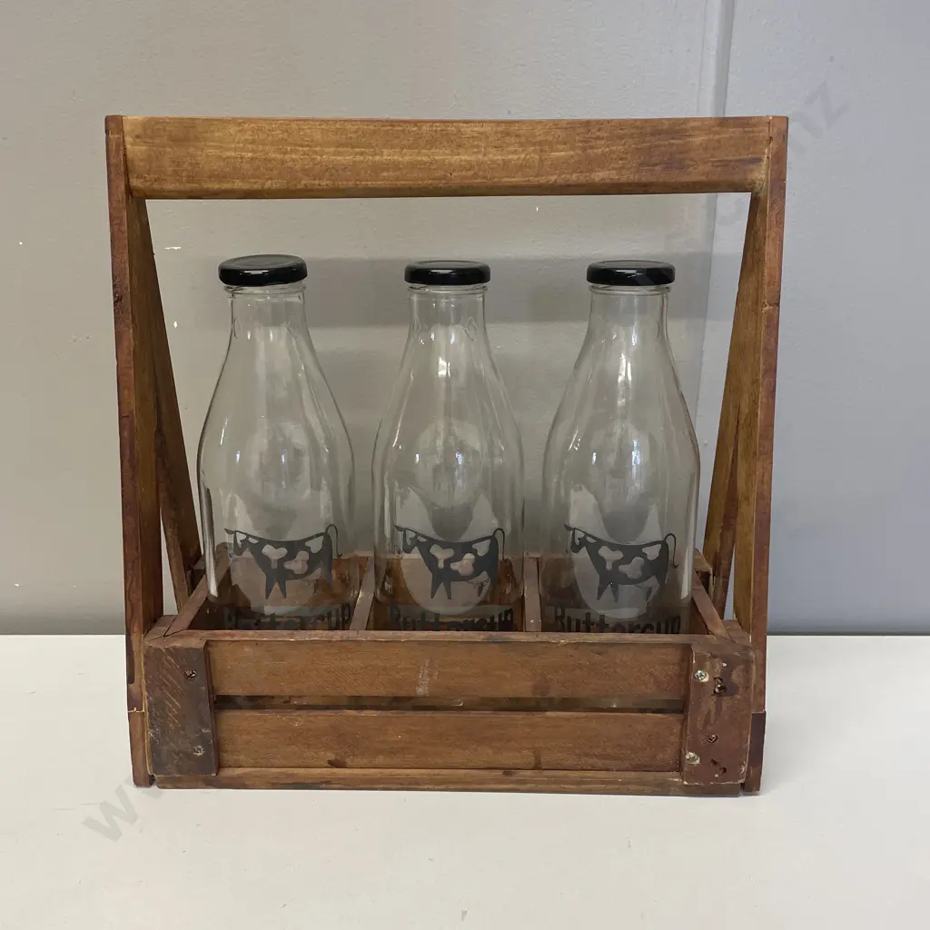 Wooden Carrier with 3 Glass Bottles Image 1++
