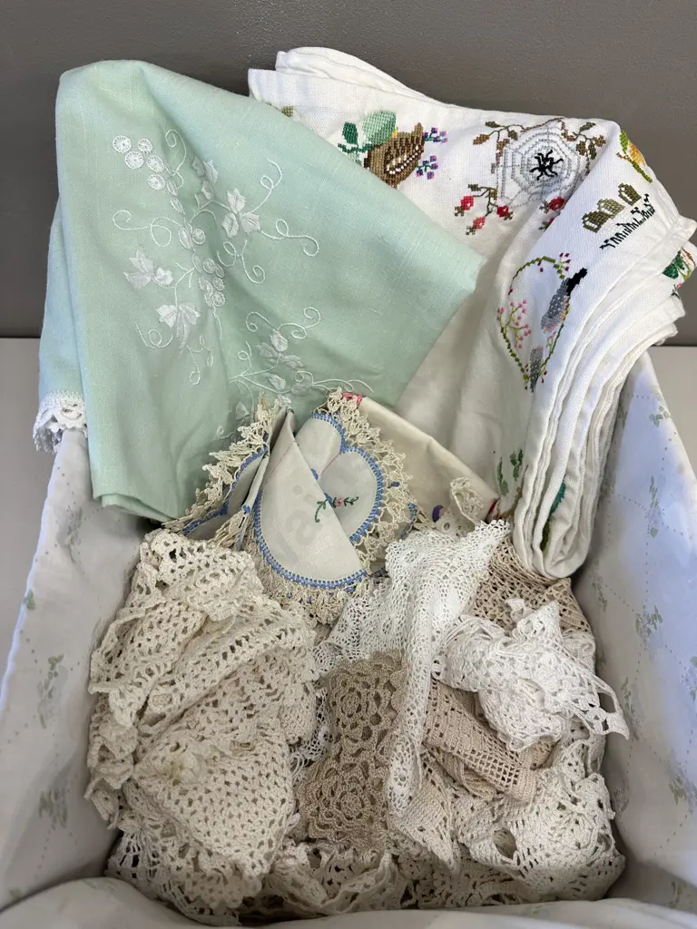 Rattan Storage Basket With Assorted Vintage Linen Image 1++