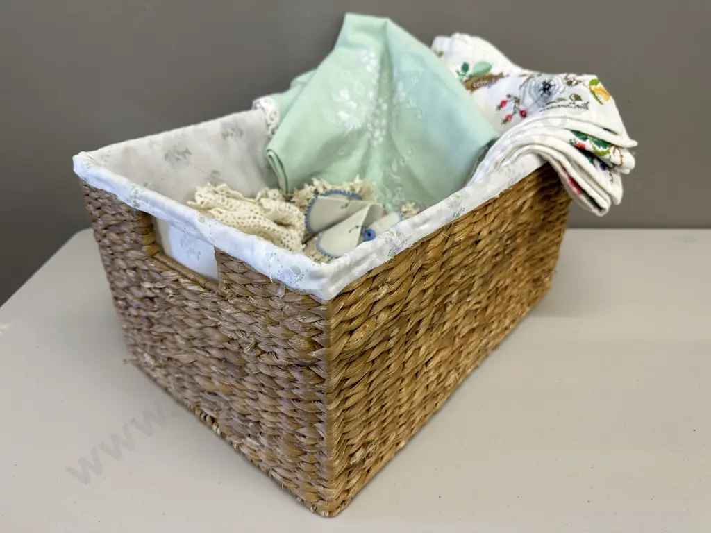 Rattan Storage Basket With Assorted Vintage Linen Image 1++