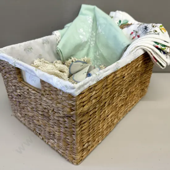 Rattan Storage Basket With Assorted Vintage Linen