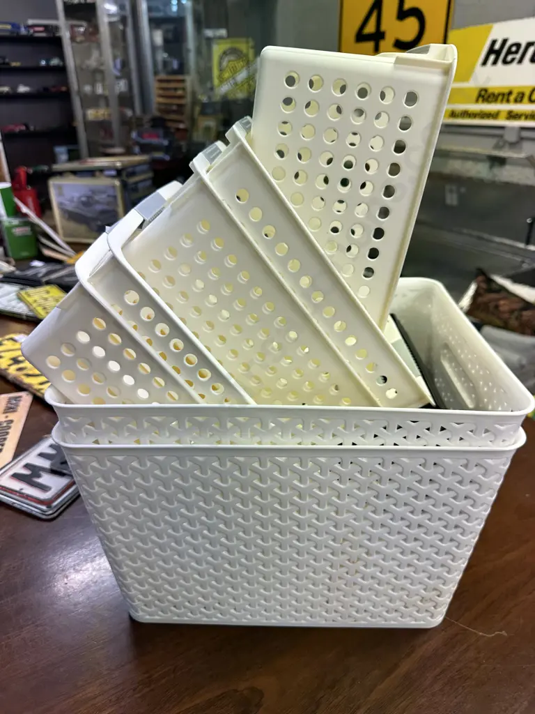 Storage Bins x 2 With 5 Cream Containers & 4 Black Trays Image 1++