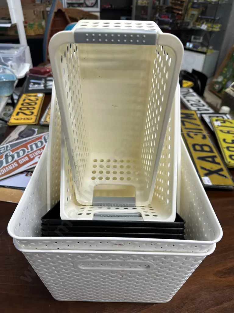 Storage Bins x 2 With 5 Cream Containers & 4 Black Trays Image 1++