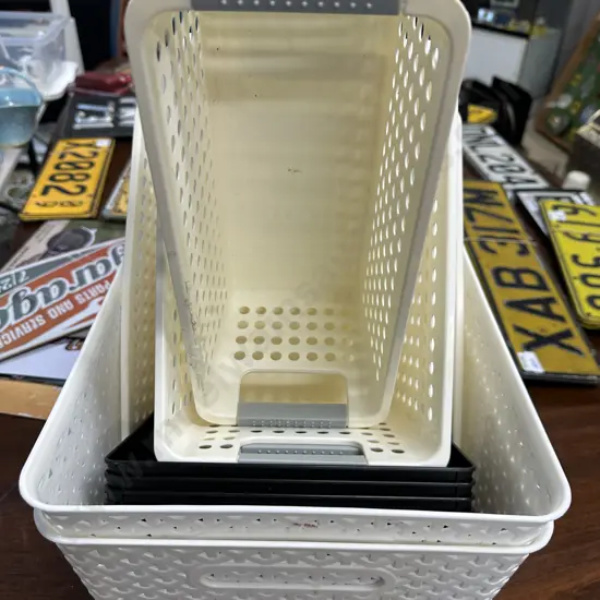 Storage Bins x 2 With 5 Cream Containers & 4 Black Trays