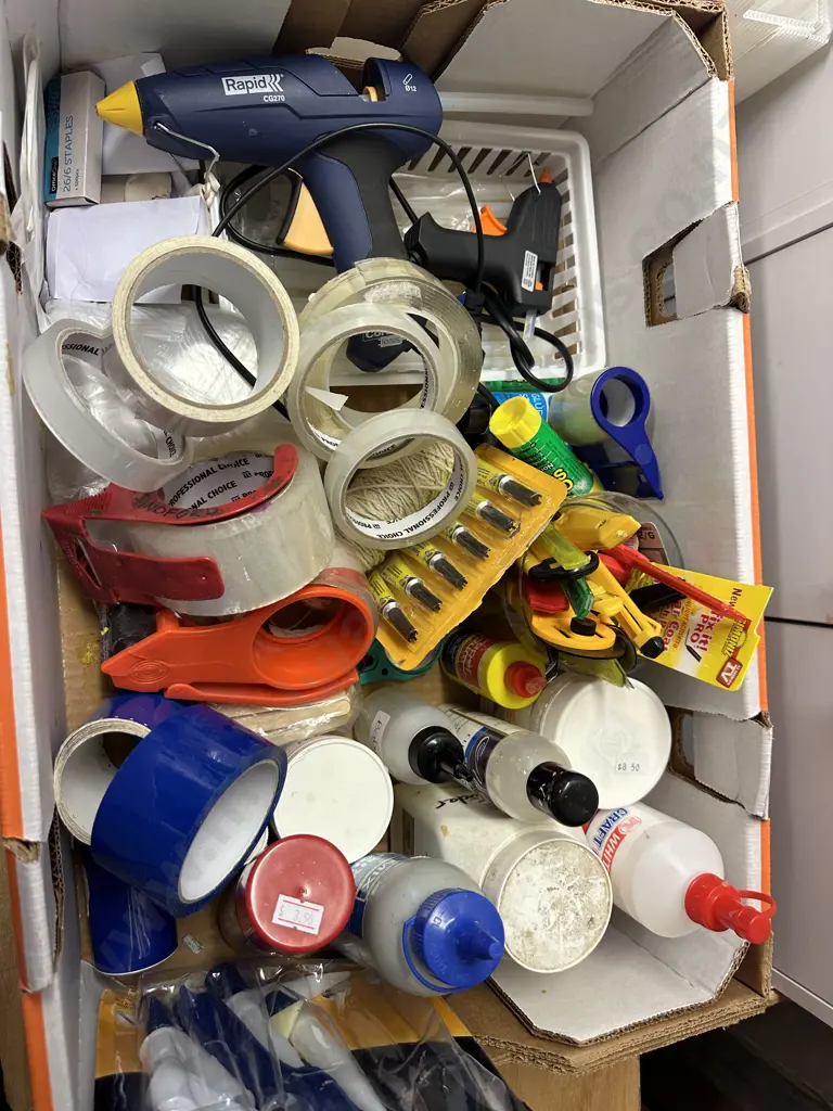 Large Box of Glue Guns, Tape, Craft Glue Etc Image 1++