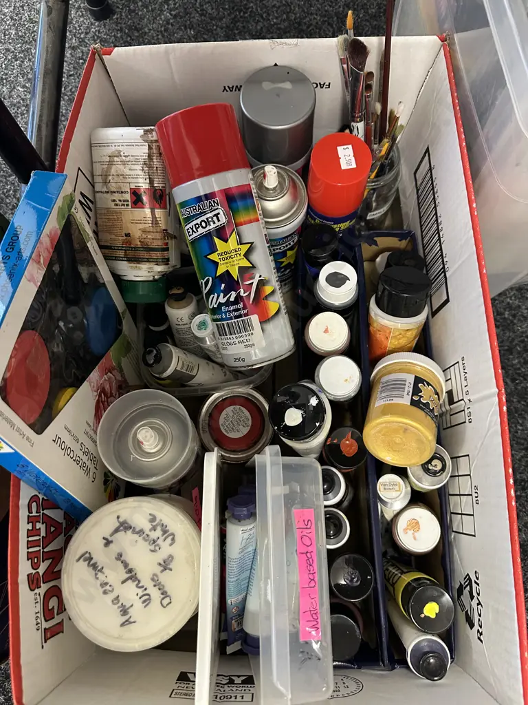 Box Of Art items, Paints, Brushes, Water Colour Tablets Etc Image 1++