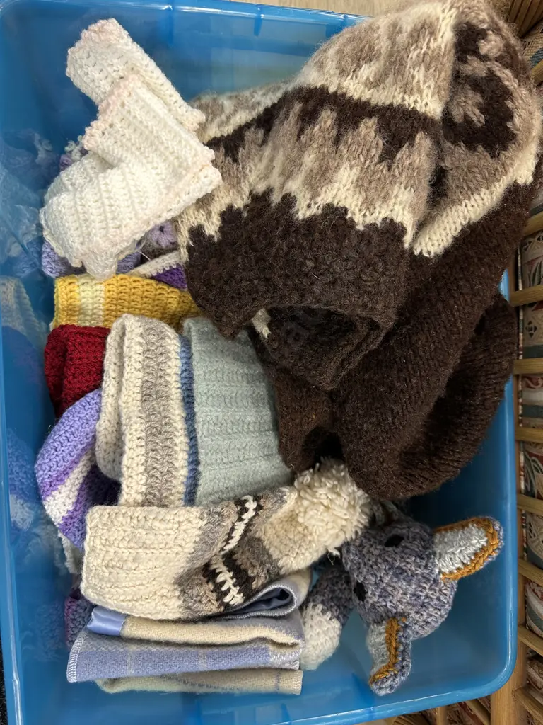 Blue Bin of Woollen Jumper, Toys, Hats Etc Image 1++