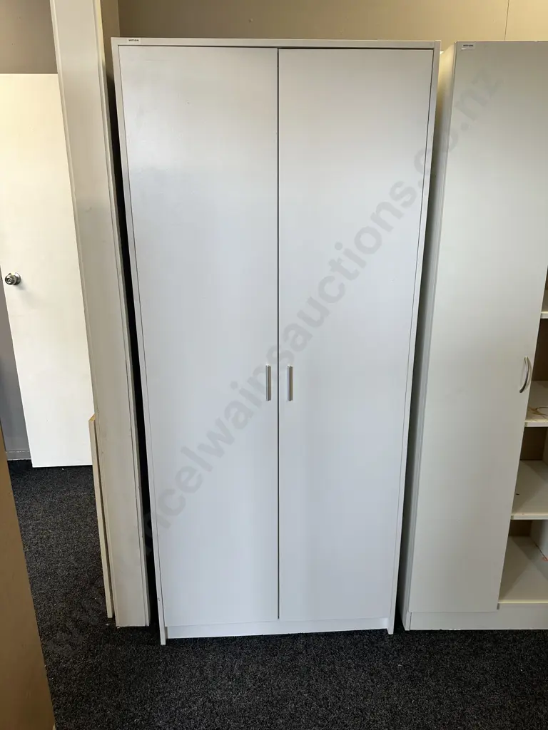 White Double Door Cupboard, Brushed Aluminium Handles, 1/2 & 1/2 Shelves & Hanging Shoe Rack, H181 W80 D40cm Image 1++