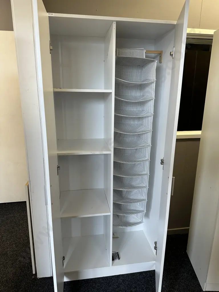 White Double Door Cupboard, Brushed Aluminium Handles, 1/2 & 1/2 Shelves & Hanging Shoe Rack, H181 W80 D40cm Image 1++