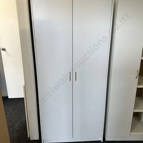 White Double Door Cupboard, Brushed Aluminium Handles, 1/2 & 1/2 Shelves & Hanging Shoe Rack, H181 W80 D40cm