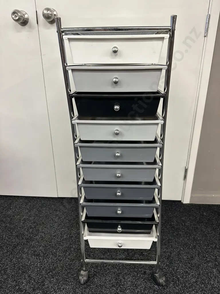 Mobile Storage Chrome Framed Grey, Black & White 10 Drawers Unit With Small Black & Clear 5 Drawer Unit Image 1++