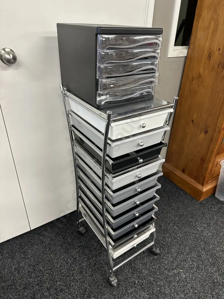Mobile Storage Chrome Framed Grey, Black & White 10 Drawers Unit With Small Black & Clear 5 Drawer Unit Image 1++