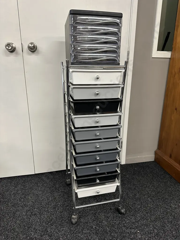Mobile Storage Chrome Framed Grey, Black & White 10 Drawers Unit With Small Black & Clear 5 Drawer Unit Image 1++