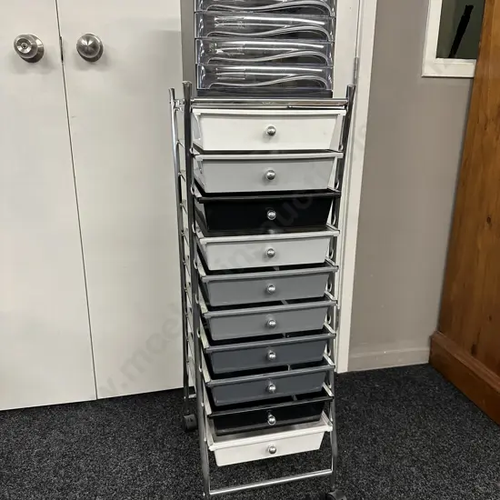 Mobile Storage Chrome Framed Grey, Black & White 10 Drawers Unit With Small Black & Clear 5 Drawer Unit