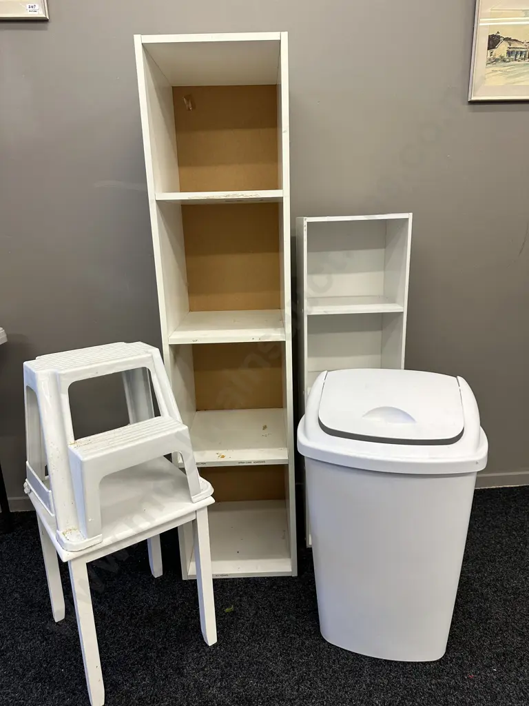 White Storage Shelves x 2, Stepstool, Table & Rubbish Bin Image 1++