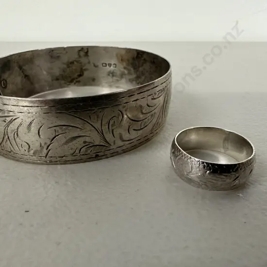 Hallmarked Sterling Silver Bracelet with Etched Sterling Silver Ring