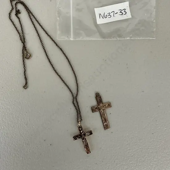 Hallmarked Gold Cross Pendants x 2 with chain