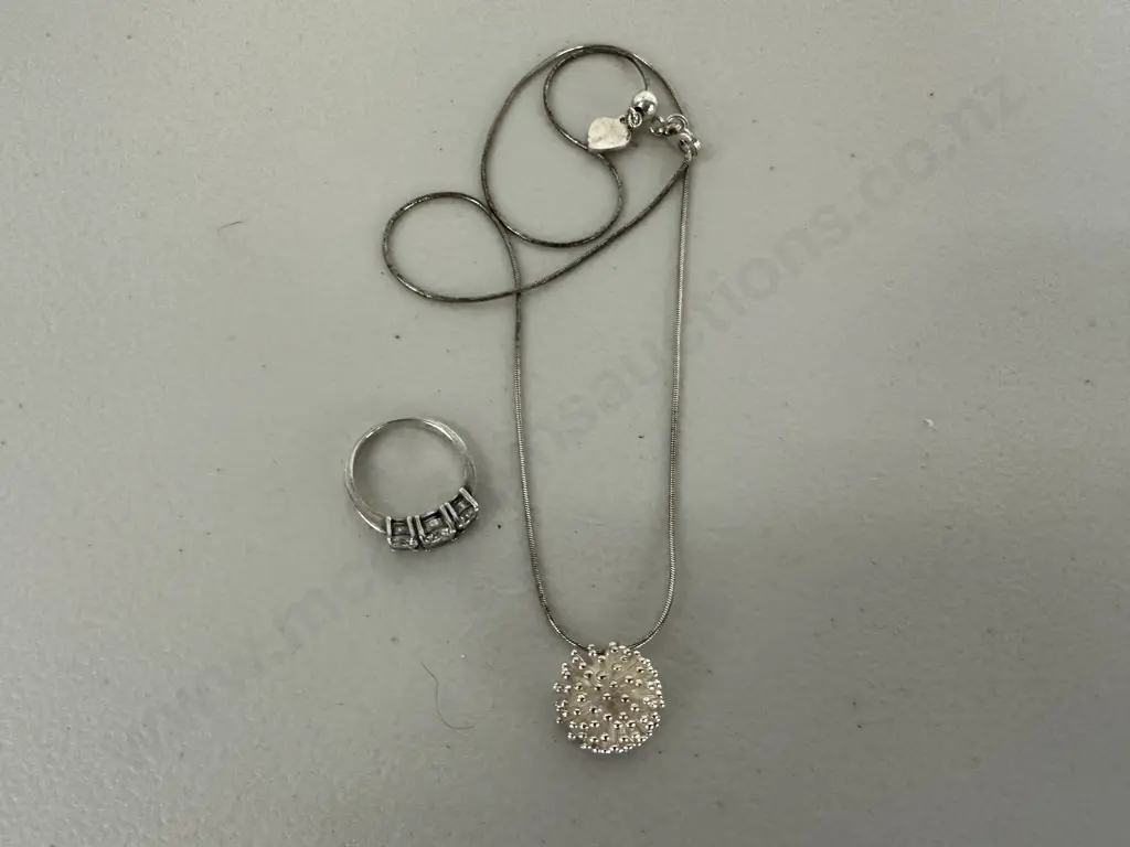 Sterling Silver Ring with clear stones and Sterling Silver Necklace with Pendant Image 1++