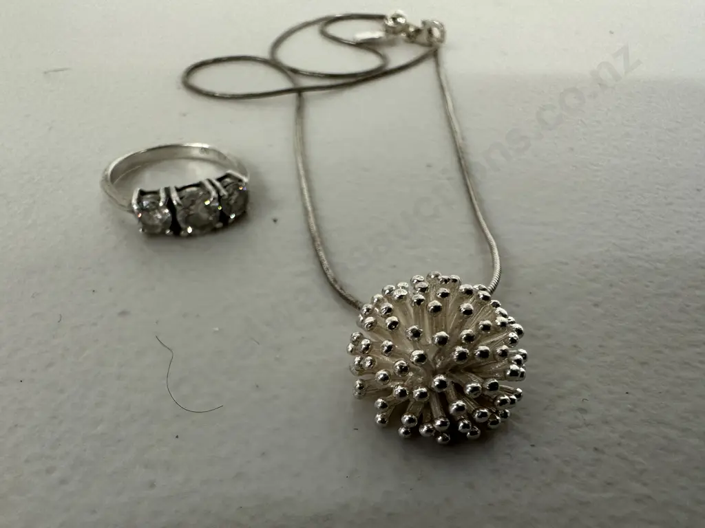 Sterling Silver Ring with clear stones and Sterling Silver Necklace with Pendant Image 1++