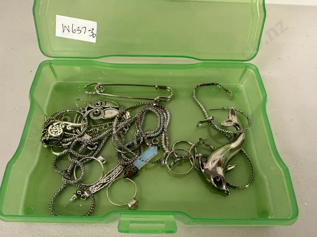 Green Case with Assorted Silver Jewellery. Some stamped Image 1++