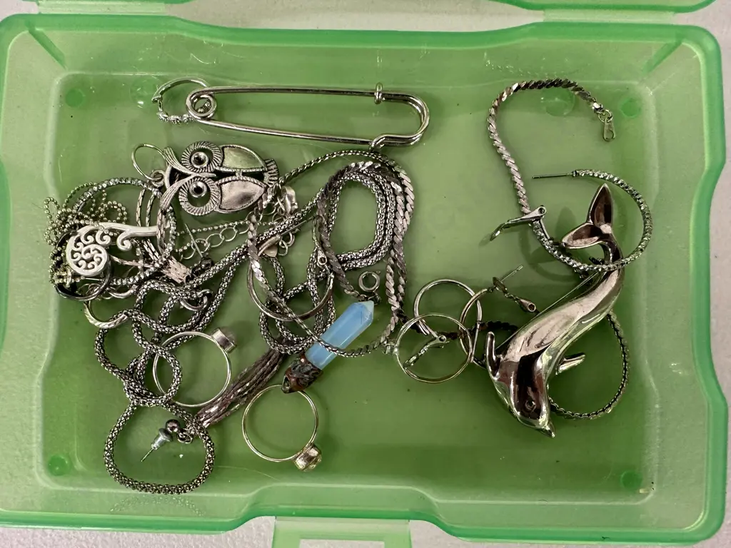 Green Case with Assorted Silver Jewellery. Some stamped Image 1++