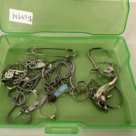 Green Case with Assorted Silver Jewellery. Some stamped