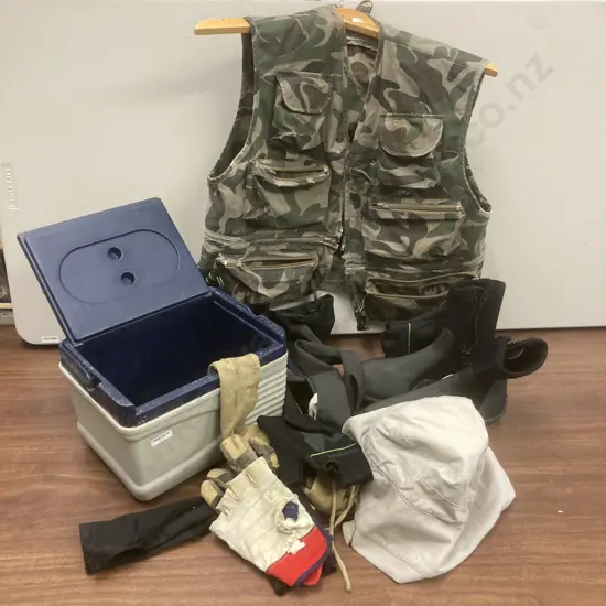 Camo Fly Vest, Gloves, Pro-Dive Boots, Chilly Bin Etc