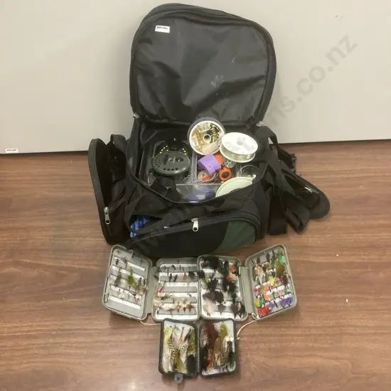 Trout Fishing Bag, Flies, Reels, Line Etc