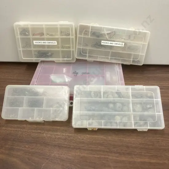Lot of 5 Plastic Sorter Bins, Hooks, Sinkers & Rig Gear