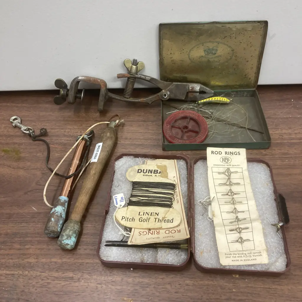 Vintage Fly Fishing Vice, Brass Head Trout Priests, Ardath Cigarette Tin Etc Image 1++