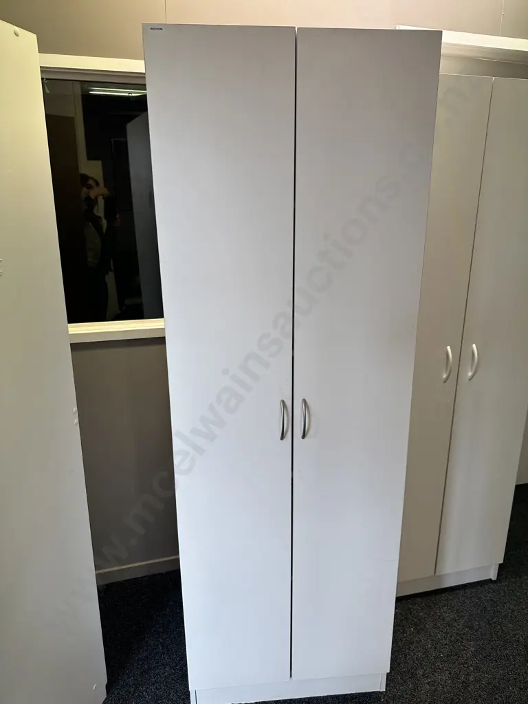 White Double Door Cupboard, Curved Steel Handles, 3 Shelves, H181 W60 D40cm Image 1++