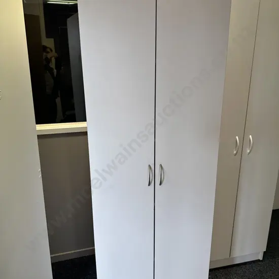 White Double Door Cupboard, Curved Steel Handles, 3 Shelves, H181 W60 D40cm