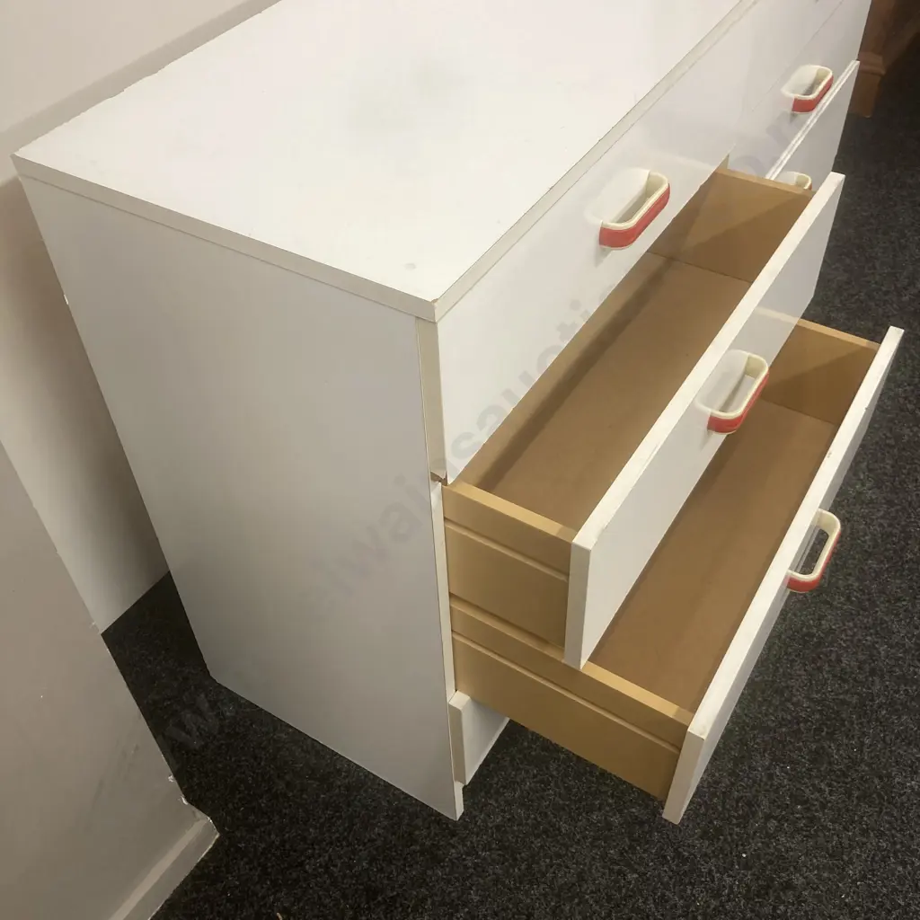 Pair of 4 Drawer Chest of Drawers. White Laminate With Red & White Handles. H77 W60 D40cm Image 1++