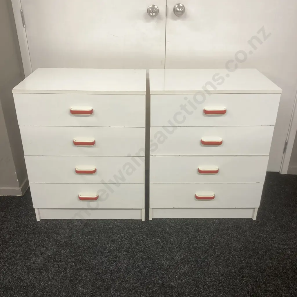 Pair of 4 Drawer Chest of Drawers. White Laminate With Red & White Handles. H77 W60 D40cm Image 1++