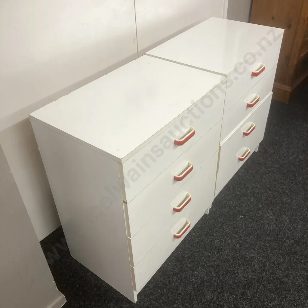 Pair of 4 Drawer Chest of Drawers. White Laminate With Red & White Handles. H77 W60 D40cm Image 1++