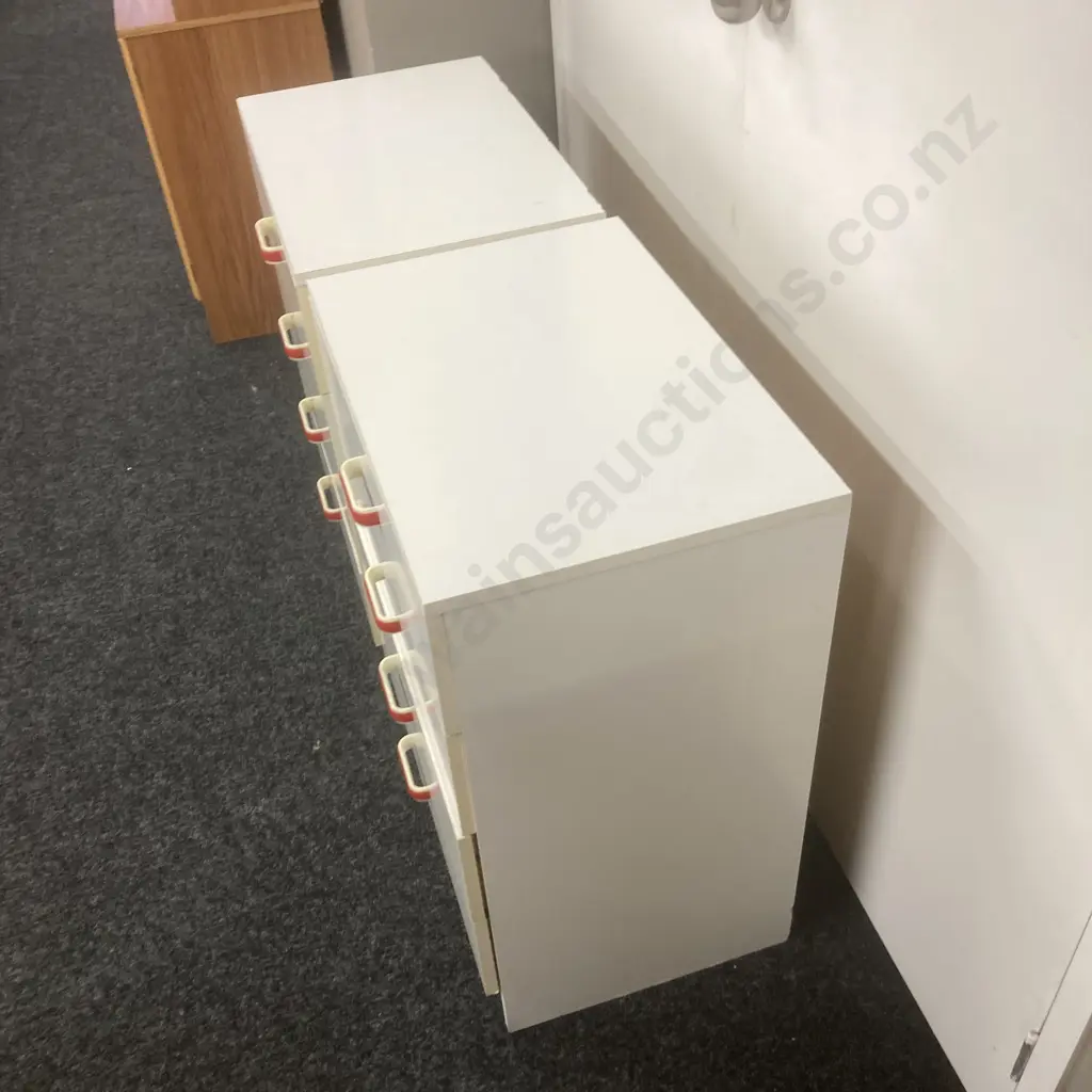 Pair of 4 Drawer Chest of Drawers. White Laminate With Red & White Handles. H77 W60 D40cm Image 1++