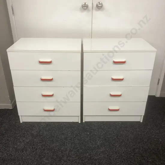 Pair of 4 Drawer Chest of Drawers. White Laminate With Red & White Handles. H77 W60 D40cm