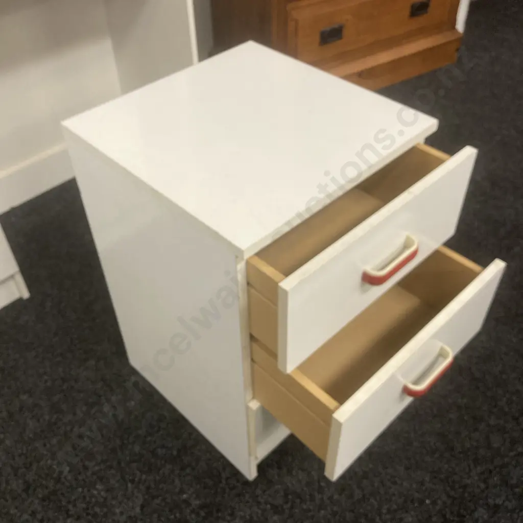 Bedroom Suite. White Laminate With Red & White Handles. 3 & 4 Drawer Chest of Drawers With 4 Drawer Student Desk Image 1++