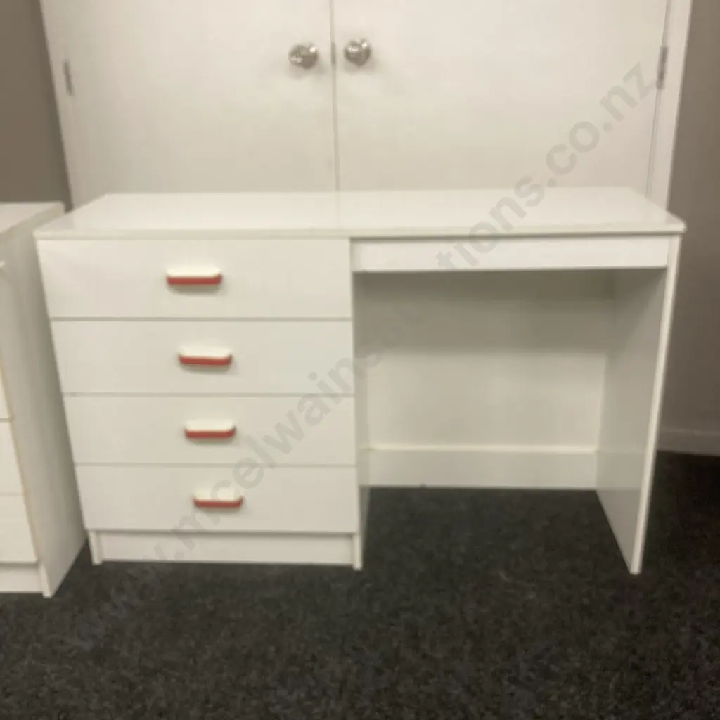 Bedroom Suite. White Laminate With Red & White Handles. 3 & 4 Drawer Chest of Drawers With 4 Drawer Student Desk Image 1++