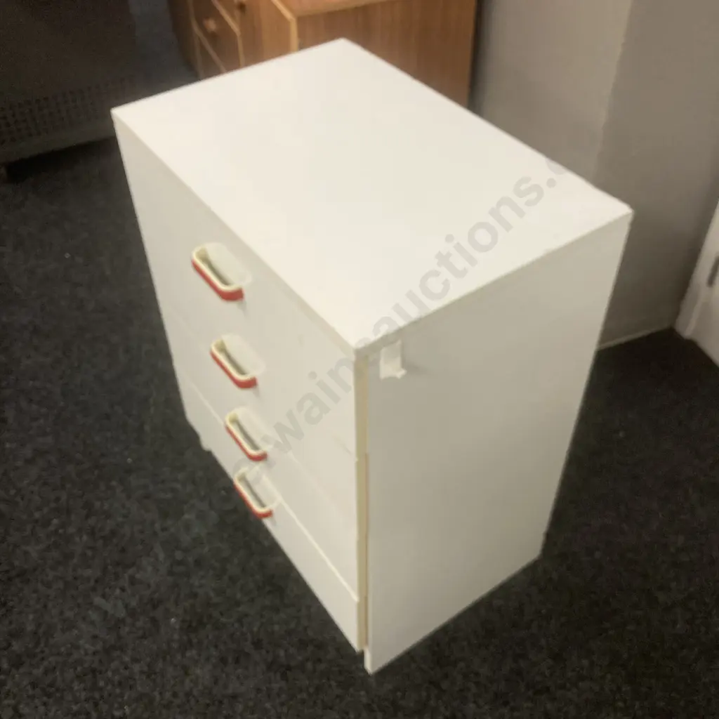 Bedroom Suite. White Laminate With Red & White Handles. 3 & 4 Drawer Chest of Drawers With 4 Drawer Student Desk Image 1++