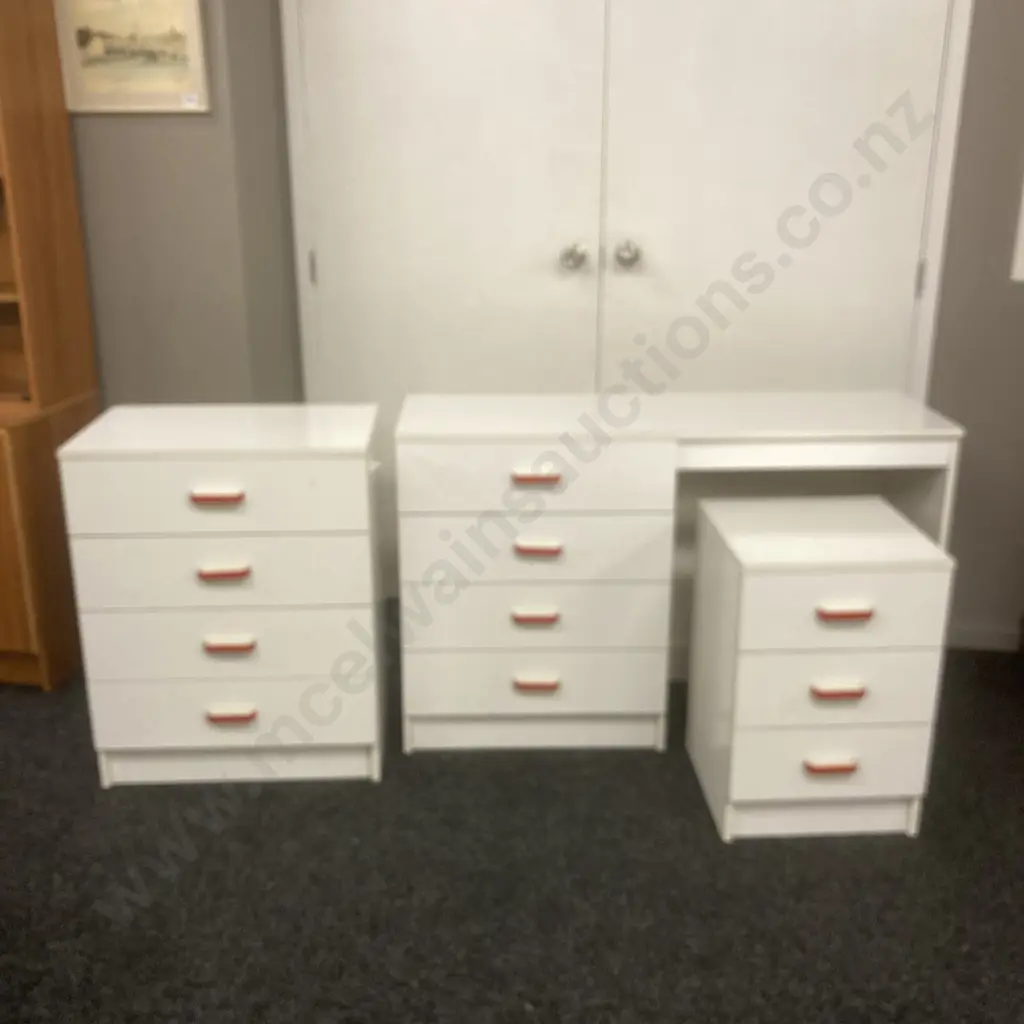 Bedroom Suite. White Laminate With Red & White Handles. 3 & 4 Drawer Chest of Drawers With 4 Drawer Student Desk Image 1++