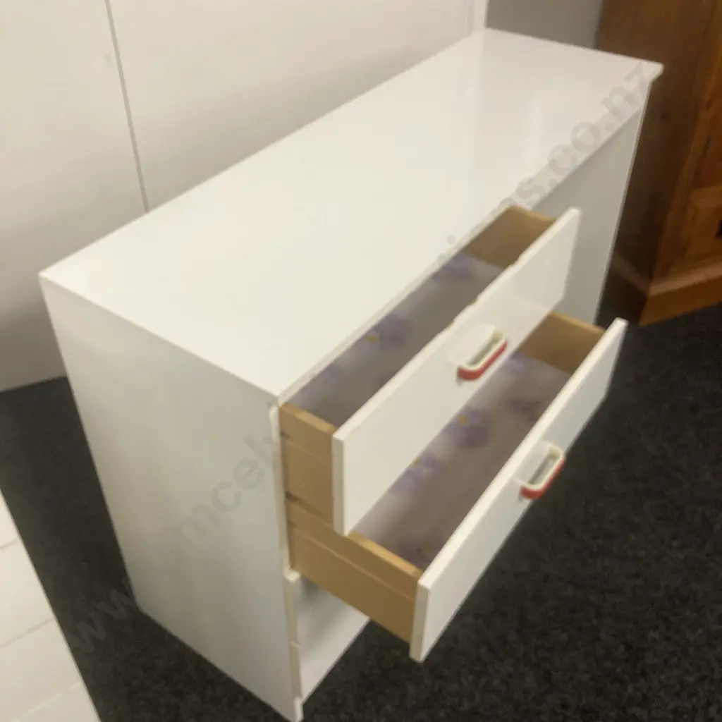 Bedroom Suite. White Laminate With Red & White Handles. 3 & 4 Drawer Chest of Drawers With 4 Drawer Student Desk Image 1++