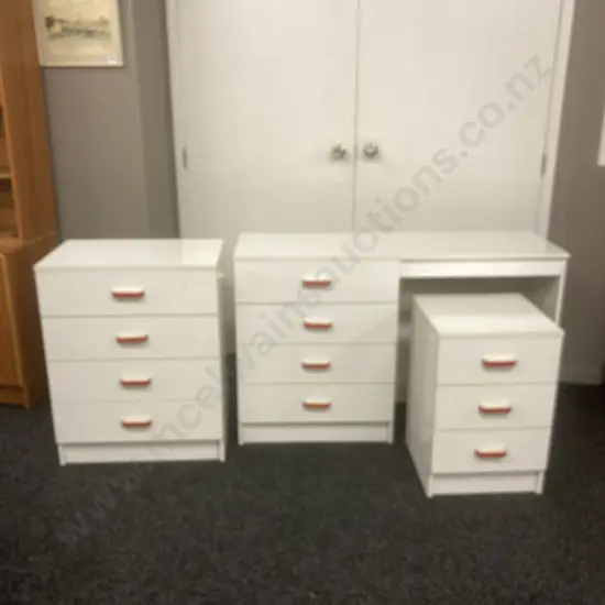 Bedroom Suite. White Laminate With Red & White Handles. 3 & 4 Drawer Chest of Drawers With 4 Drawer Student Desk
