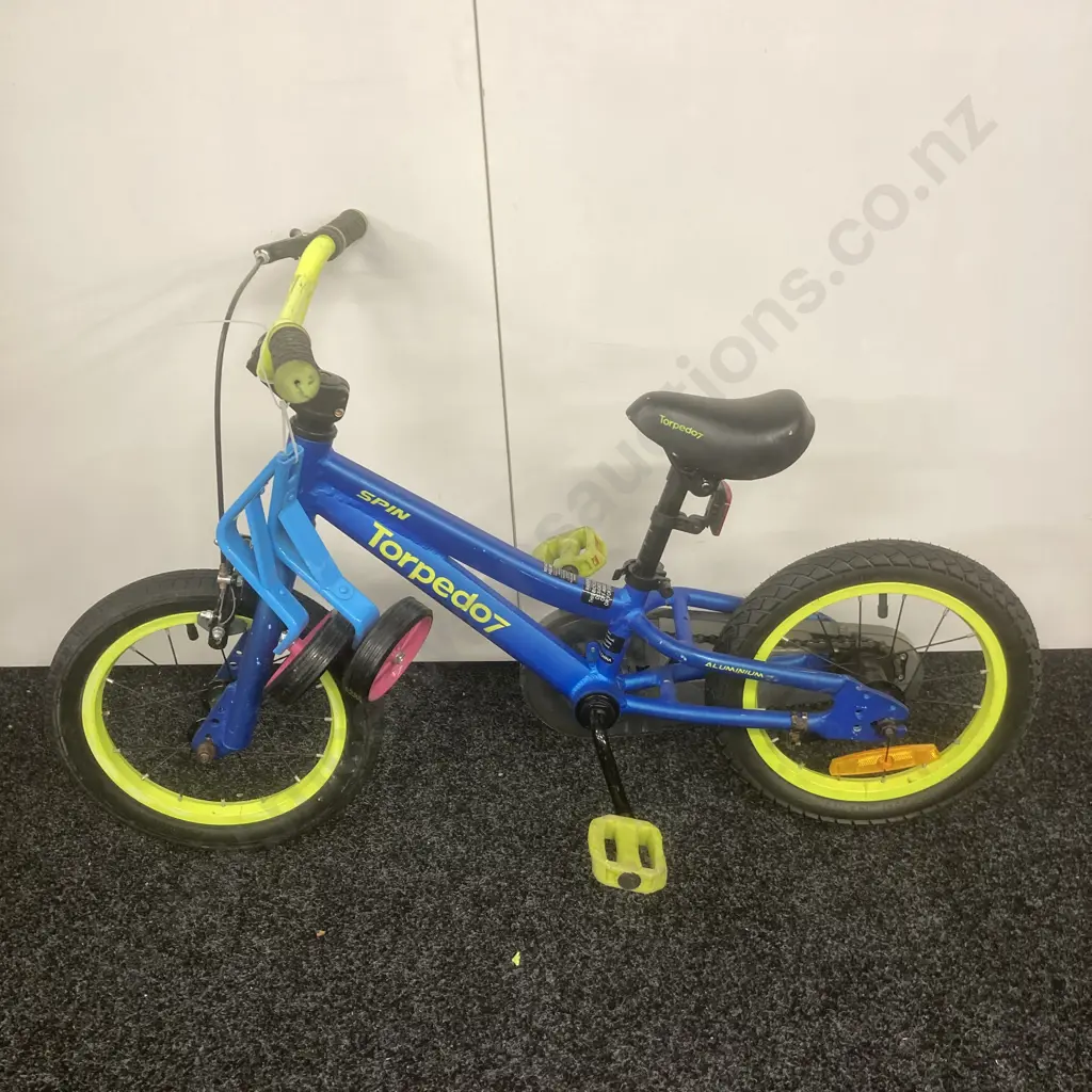 Torpedo7 Spin Childs Bike, Blue & Lime Green, With Training Wheels Image 1++